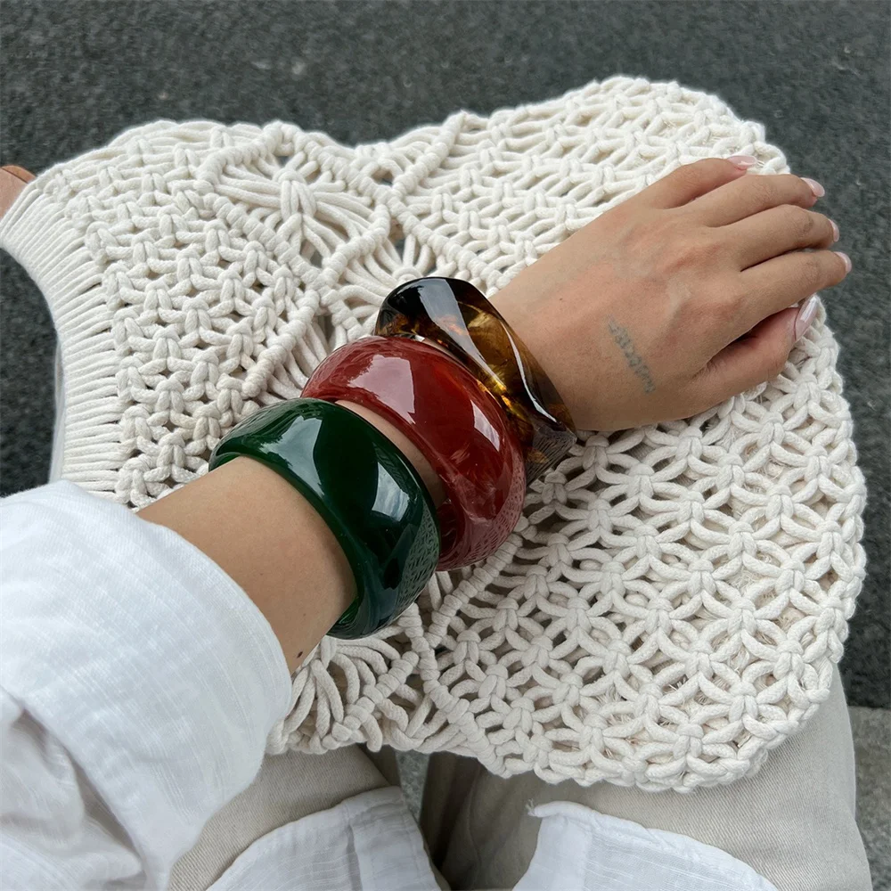​ ​Vintage Punk Brown Green Thick Resin Acrylic Bangles Geometric Irregular Wide Cuff Bangle Bracelet For Women Men Jewelry