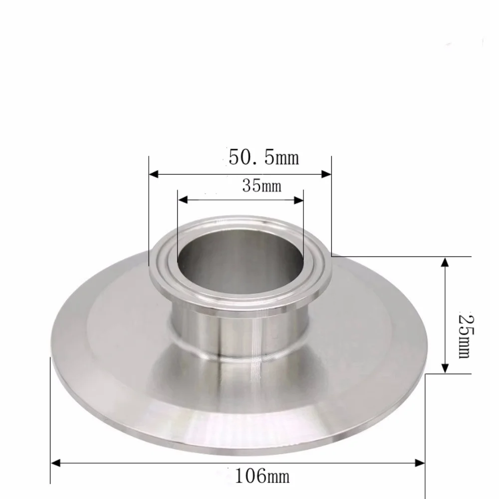 Reductor ciego OD50,5 mm x OD106 mm Reductor ciego sanitario de acero inoxidable 304 con bridas de tres abrazaderas, extremos de tope y placas de cubierta
