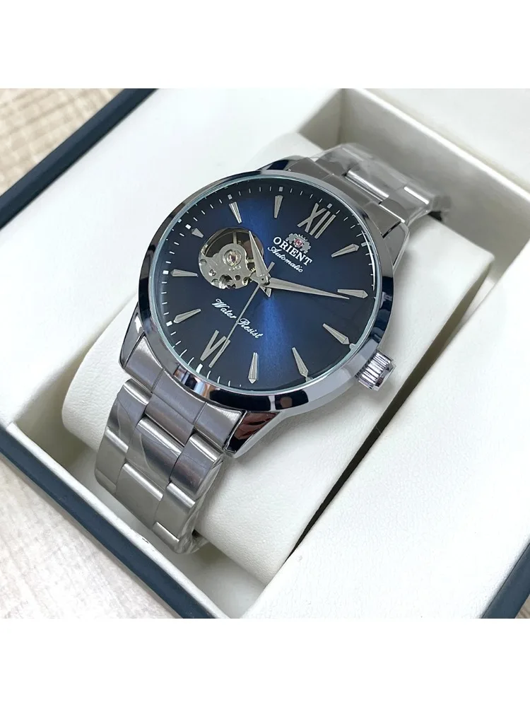 Orient heren automatisch open harthorloge blauwe wijzerplaat roestvrijstalen band vrijetijdskleding polshorloge 30M waterbestendig modehorloge - afbeelding 2