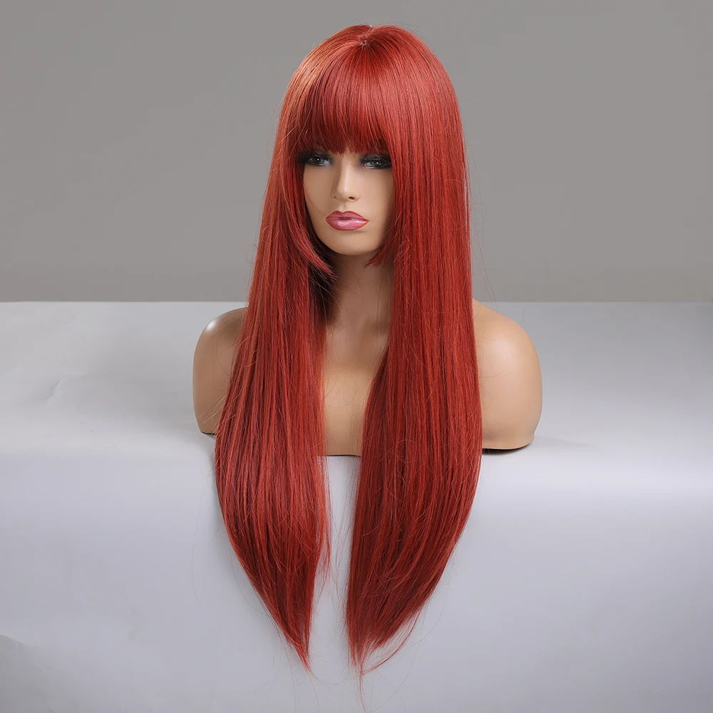 HENRY MARGU Orange Red Synthetic Wigs Long Smooth Straight Wig Auburn Hair with Bangs for Women Party Daily Use Heat Resistant