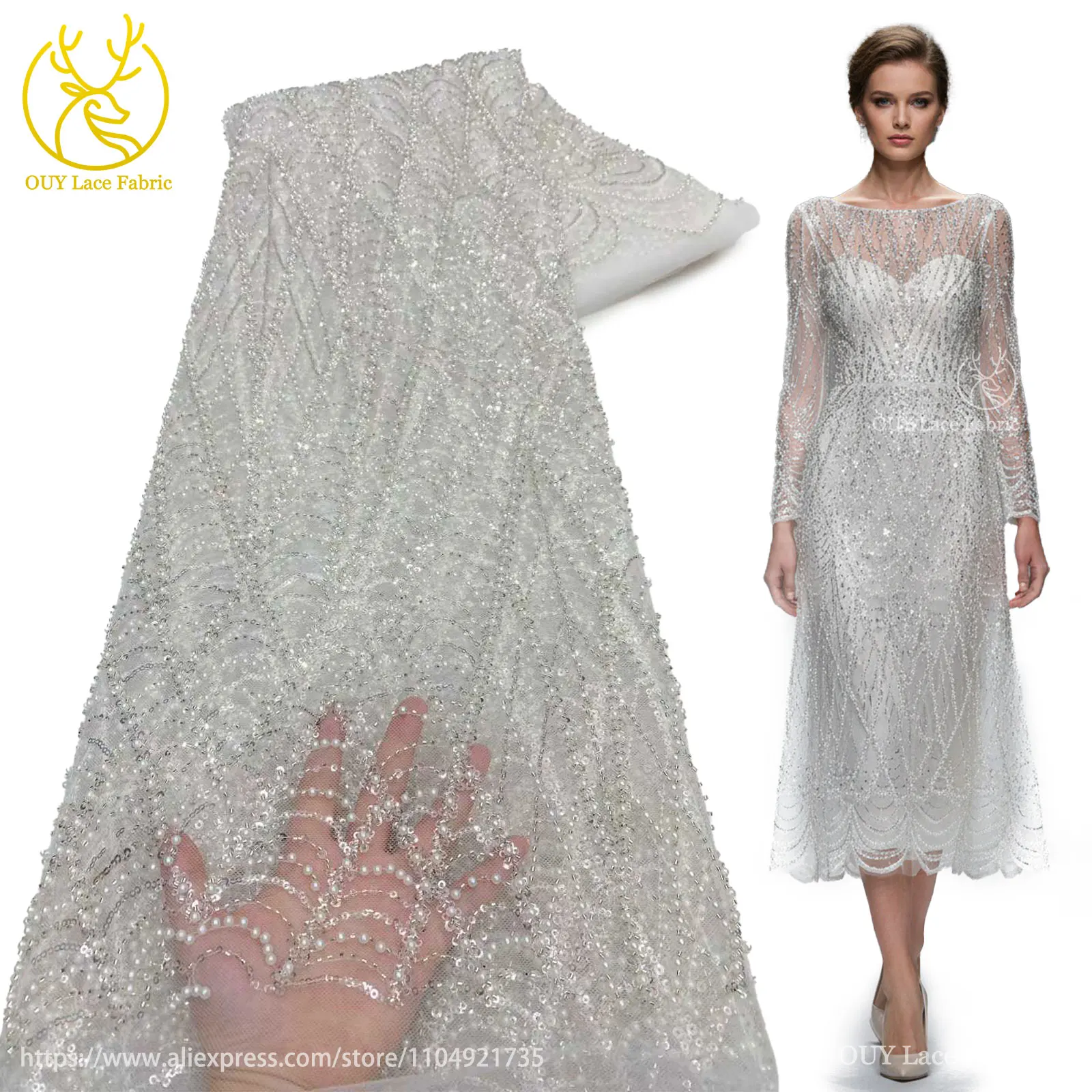 

White African Handmade Beaded Lace Fabric 2025 French Nigerian Mesh Tulle Sequin Lace Fabric Ladies Wedding Dress 5 Yards