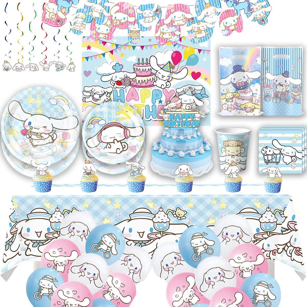 Décor de fête d'anniversaire sur le thème du chien blanc, Cinnamo-Roll, bannière de ballon de poulet, assiettes de douche de bébé, bannière standardisée, toile de fond pour enfants, dessin animé