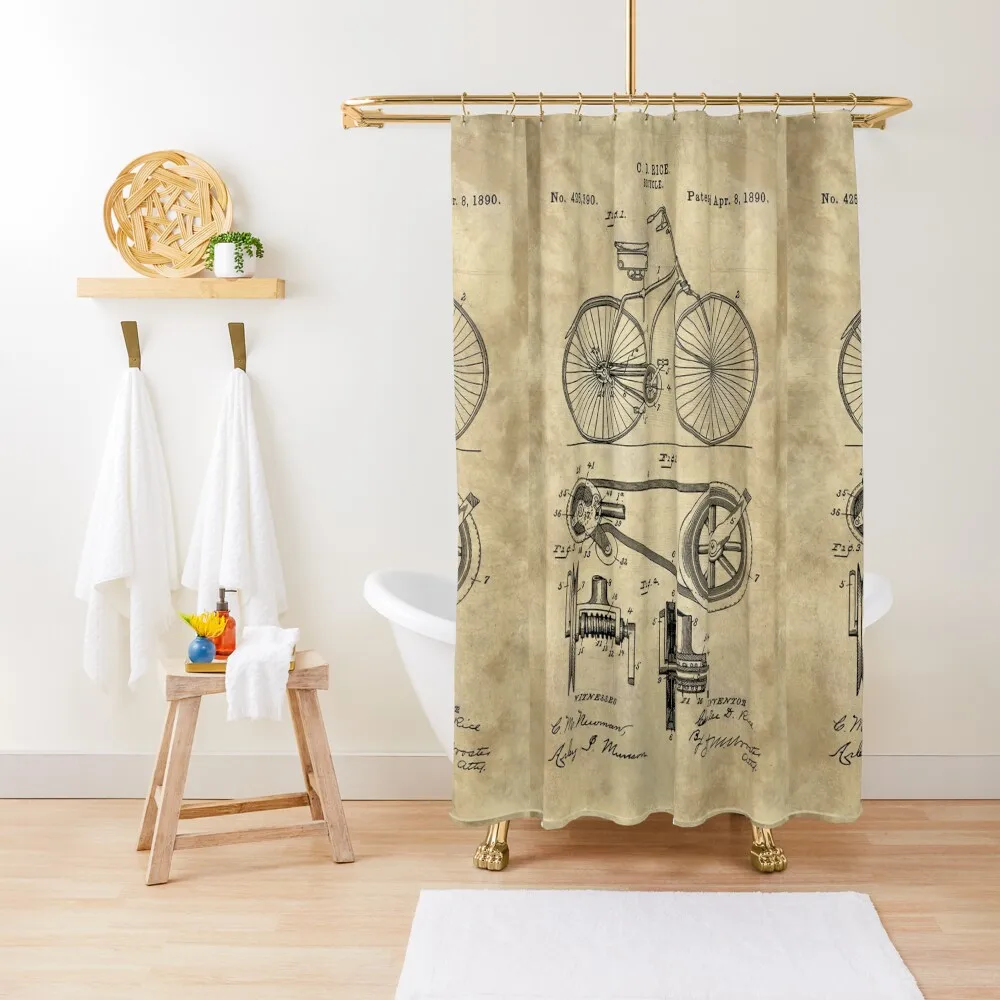 

Antique Bicycle Blueprint patent drawing plan, Industrial farmhouse Shower Curtain Shower Bath Curtain
