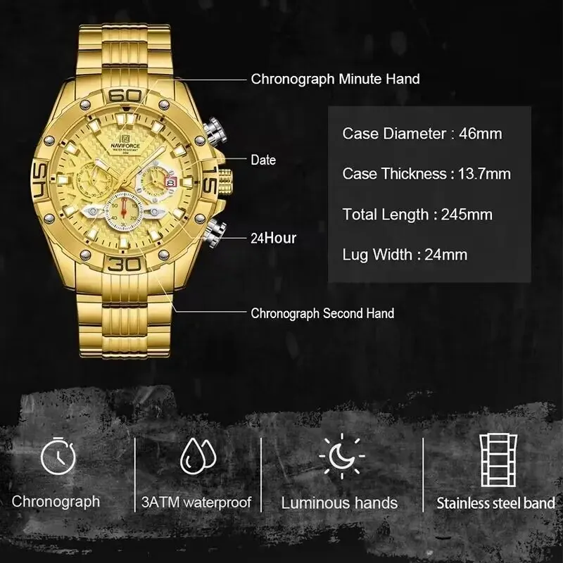 NAVIFORCE Fashion Watches For Men Luxury Original Classic Quartz Clock Analog Chronograph Sport Waterproof Steel Band WristWatch