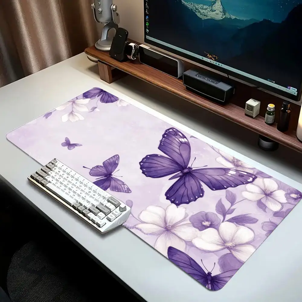 

Purple Butterfly Mouse Pad Large Computer Office Game Table Mat XXL Rubber Anti-slip Stitched Edges Keyboard Mats Long Desk Pads