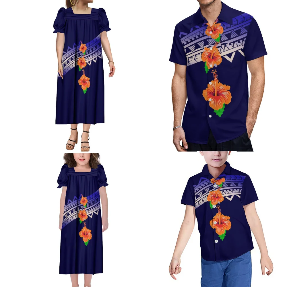 Polynesian Tribe Floral Custom Fiji Micronesian Samoan Family Party Set Mother Daughter Mumu Dress Father Son Casual Shirt