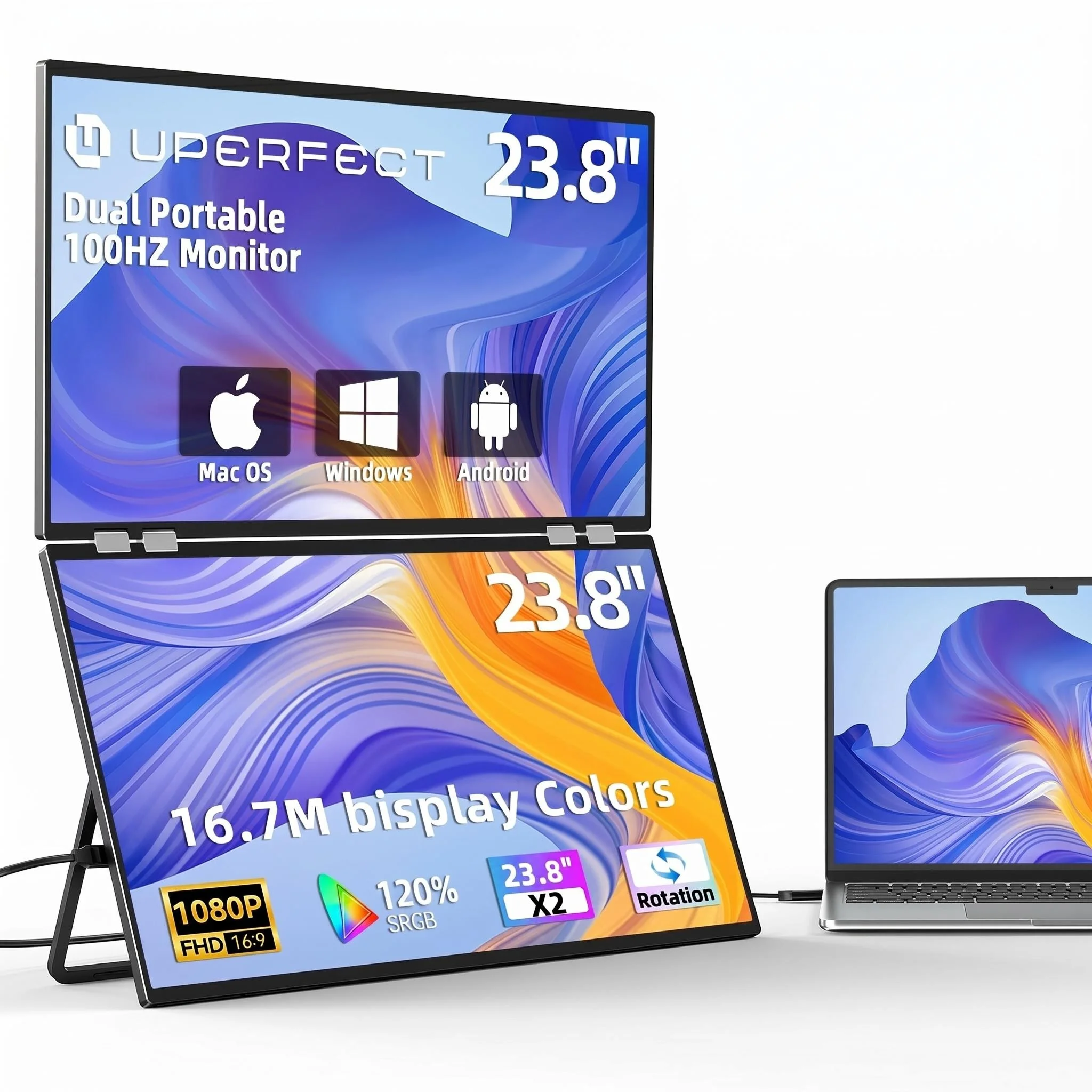UPERFECT Delta Mega 23.8" Dual Portable Monitor 100Hz 1920 x 1080P FHD 120% sRGB - Klappbares und stapelbares Design mit 360 ° Bildschirmverstellung und 180 ° Ständer USB-C / HDMI, Dual Monitor für