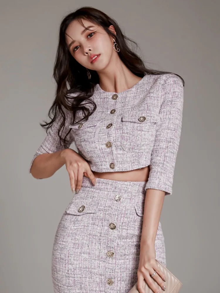 High Quality Tweed Two Piece Set Women Korean Fashion Half Sleeve Short Jacket Coat Crop Top + Skirt Sets Office Lady Outfits