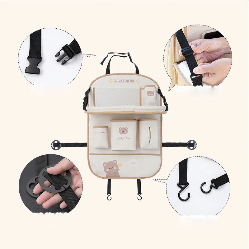 Leather Deluxe Car Seat Back Organizer Multi-function Storage Bag With Foldable Dining Table Tray Car Accessory Anti-Kick Pad
