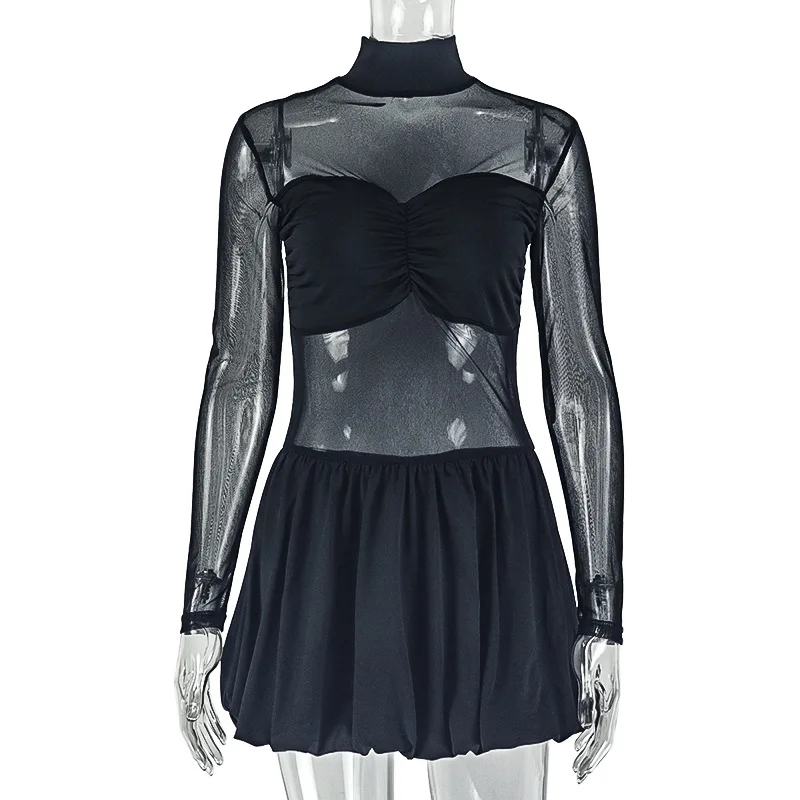 Elegancka sukienka z siateczki dla stylowej kobiety, kolekcja jesień 2025, damska sukienka mini z długim rękawem, stójką, dopasowana, czarna, transparentna, plisowana, w kształcie litery A.