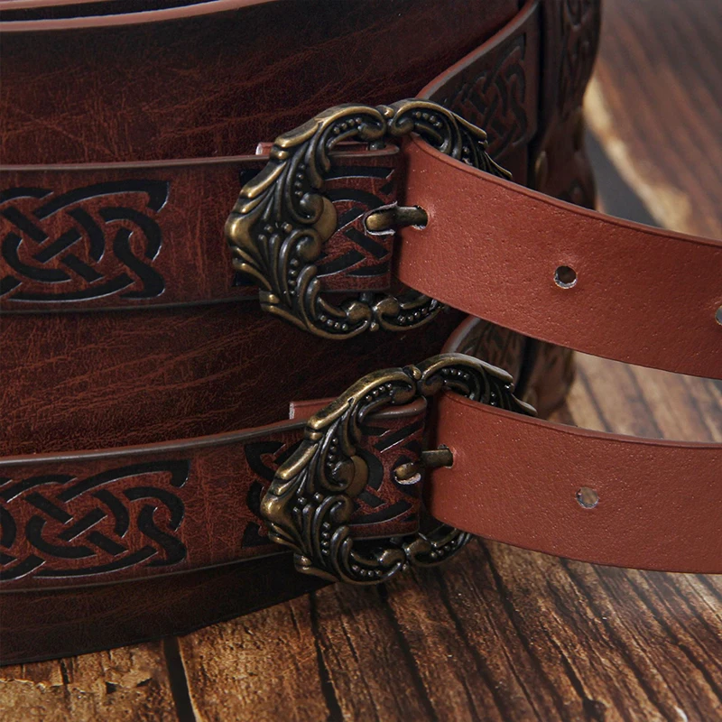 Medieval Viking Style Embossed Wide Belt Waistband PU Leather Waist Belt Retro Renaissance Knight Buckles Belt Cosplay Props