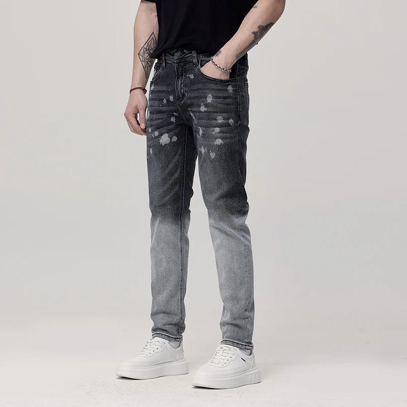 Handsome Jeans Men's Gradient Color Splash Ink Paint Design Personalized Washed Fashion High-End Slim Fit Long Skinny Pants