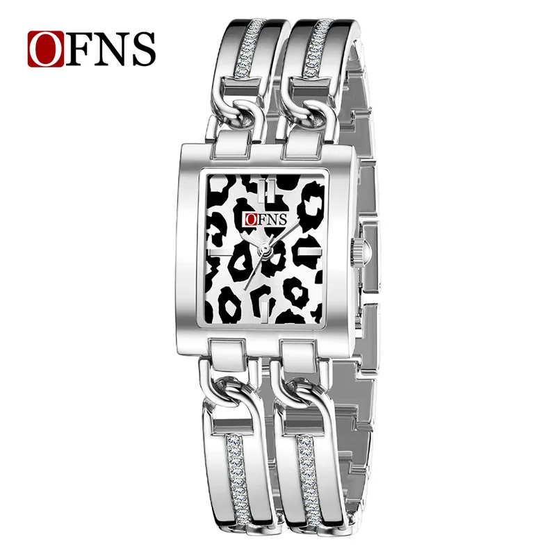 Luxury European American Women Watch Waterproof Quartz Denim Leopard Double-Sided Alloy Chain Strap Square Dial Wristwatch
