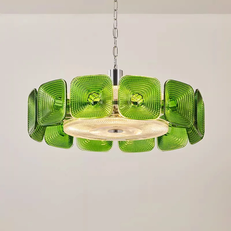 

Винтажная стеклянная люстра-лепесток E14 для гостиной и столовой, французская зеленая прозрачная стеклянная подвесная лампа для спальни