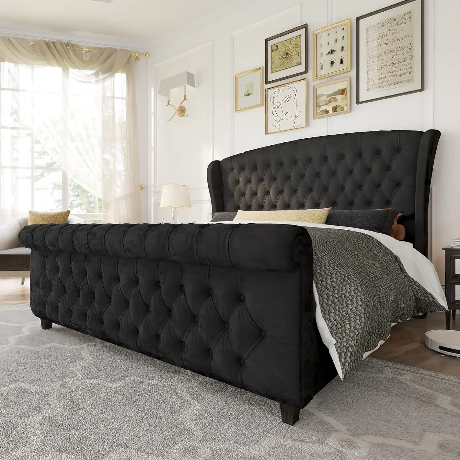 King Size Platform Bed Frame, Velvet Upholstered Sleigh Bed  Headboard & Footboard/Button Spring Required/Easy Assembly/Black