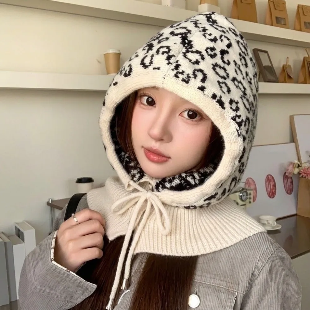 Cute Leopard Print Balaclava Hat Warm Neck Collar Ear Protection Hat Thickened Scarf Knitted Hooded Cap Female/Girls