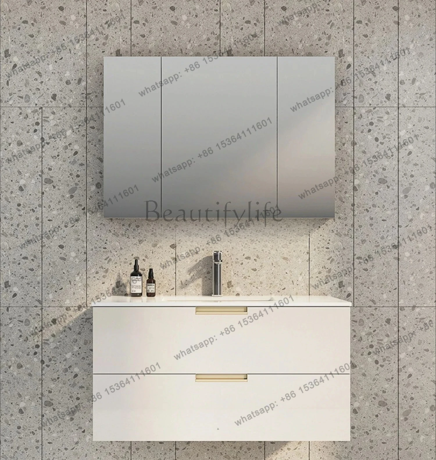 

FG28Bathroom Cabinet Combined Toilet Wash Table Three Door Opening Mirror Cabinet Double Pumping Mocha Bench Basin Wall Cabinet