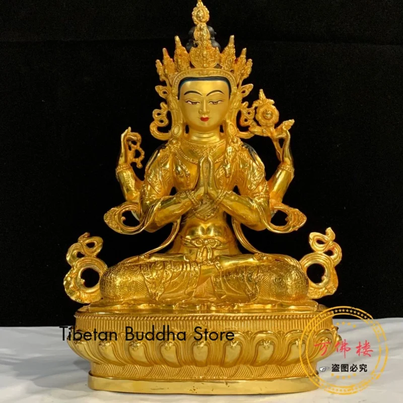 

12-Inch Four-Armed Avalokiteshvara Bodhisattva Full Gilt Gold Pure Copper Ornaments Tibetan Tantra Genuine Buddha Shrine Worship