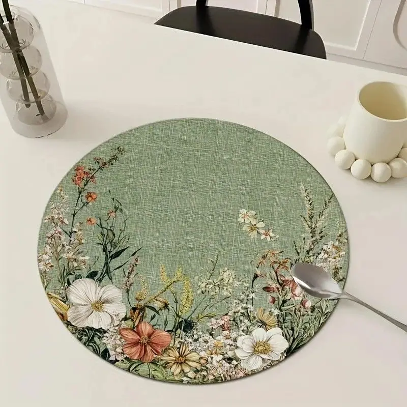 VIKAMA Green Linen Wild Floral Watercolor Botanical Round Placemats Heat Resistant Washable Non Slip Cottage Kitchen Table Decor