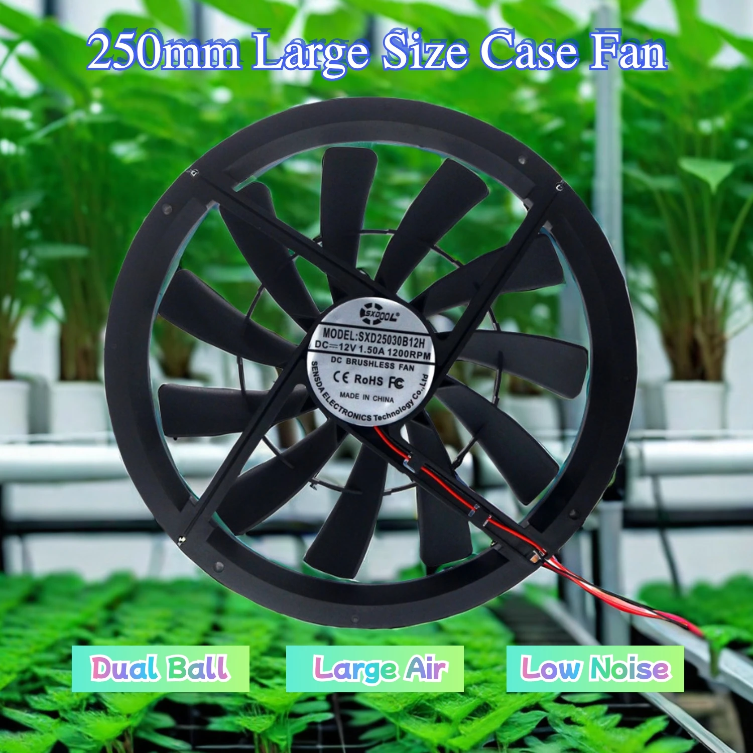 250mm 12V 1200RPM Industrial Cooling Fan, Dual Ball Bearing 40dBA Molex for Server Racks/Mining Rigs/EV Chargers、Telecom Cabinet