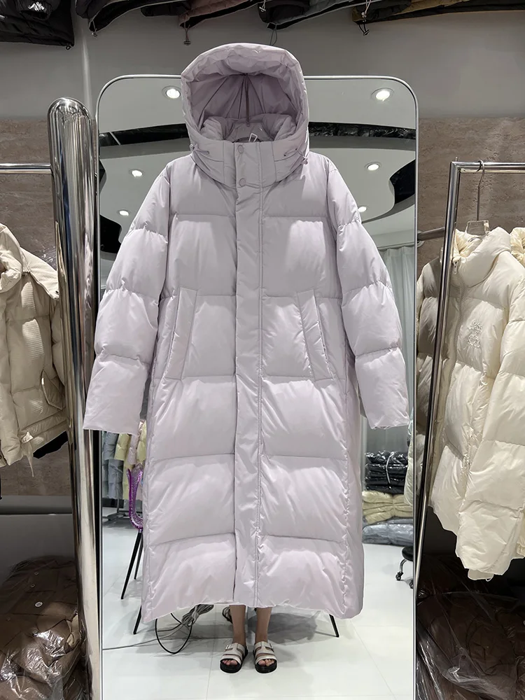 Vrouwen Dikker Effen Kleur Witte Eend Donsjacks Herfst Winter Losse Lange Capuchon Knie Over Rechte Buis Warme Jassen