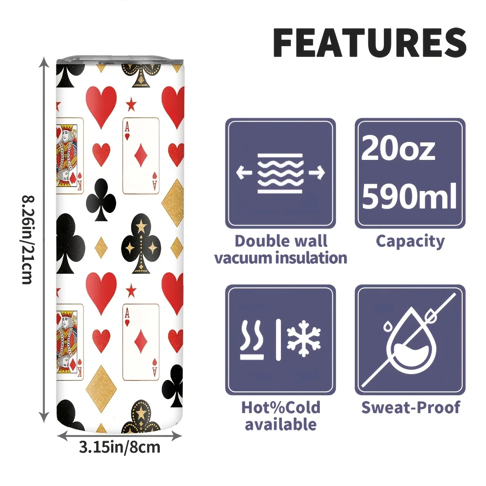 1pc/20oz/590ml/Double Wall Stainless Steel Insulated Skinny Tumbler with Straw And Lid,Outdoor Travel Coffee Mug,Playing Card Pattern Holiday Gifts,Perfect for Birthday Celebrations And Holiday Parties,Thanksgiving Gifts,Christmas Gifts