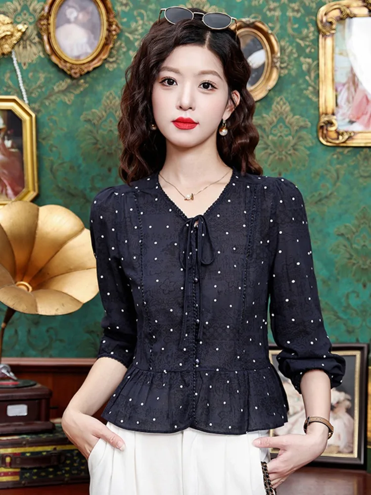 Faionable V-Ne Belted Chiffon irt Women's Autumn 2025 New Sle Slimming Top French Sle Bubble Sve Printed Blouse
