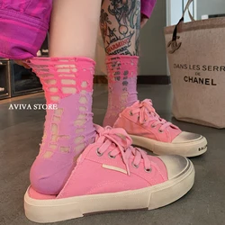 Fashion Trend For Women Honey Peach Style Colour Matching Socks Thin Summer Glass Wire Crystal Hollow Breathable Mid Tube Sox