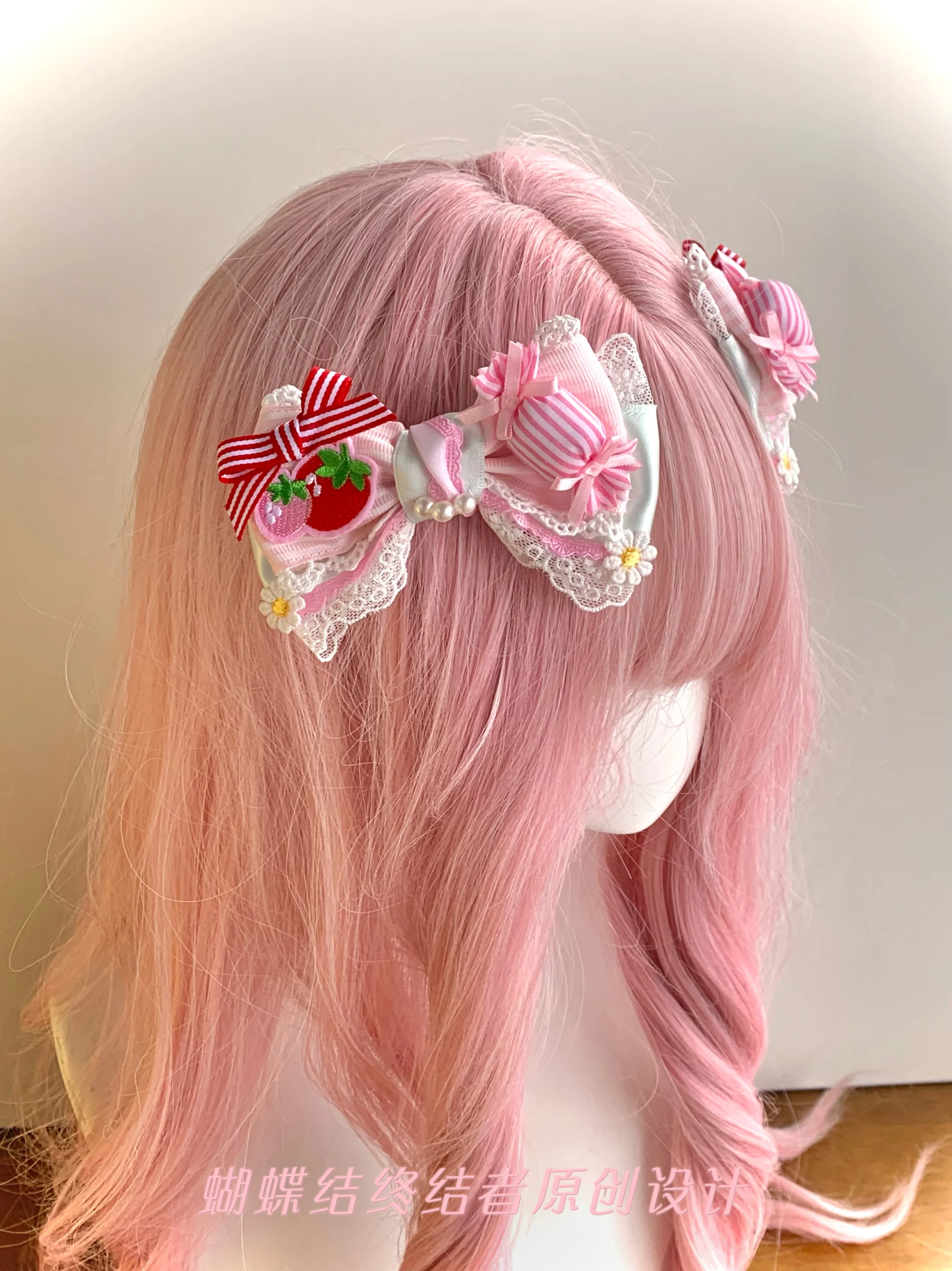 Original Pink Green Striped Strawberry Edge with Candy Embroidered Flower Lolita Headgear Handmade Sweet Little Thing 3