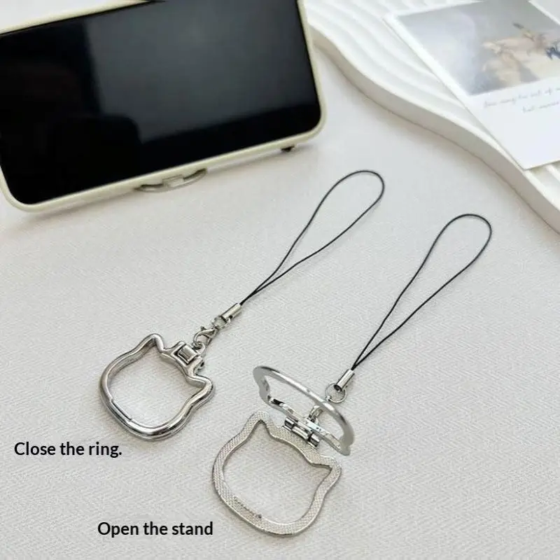 Cute Cat‑Shaped Alloy Phone Lanyard 2‑in‑1 Finger Ring Foldable Stand for Video Watching Daily Use & Travel view 2