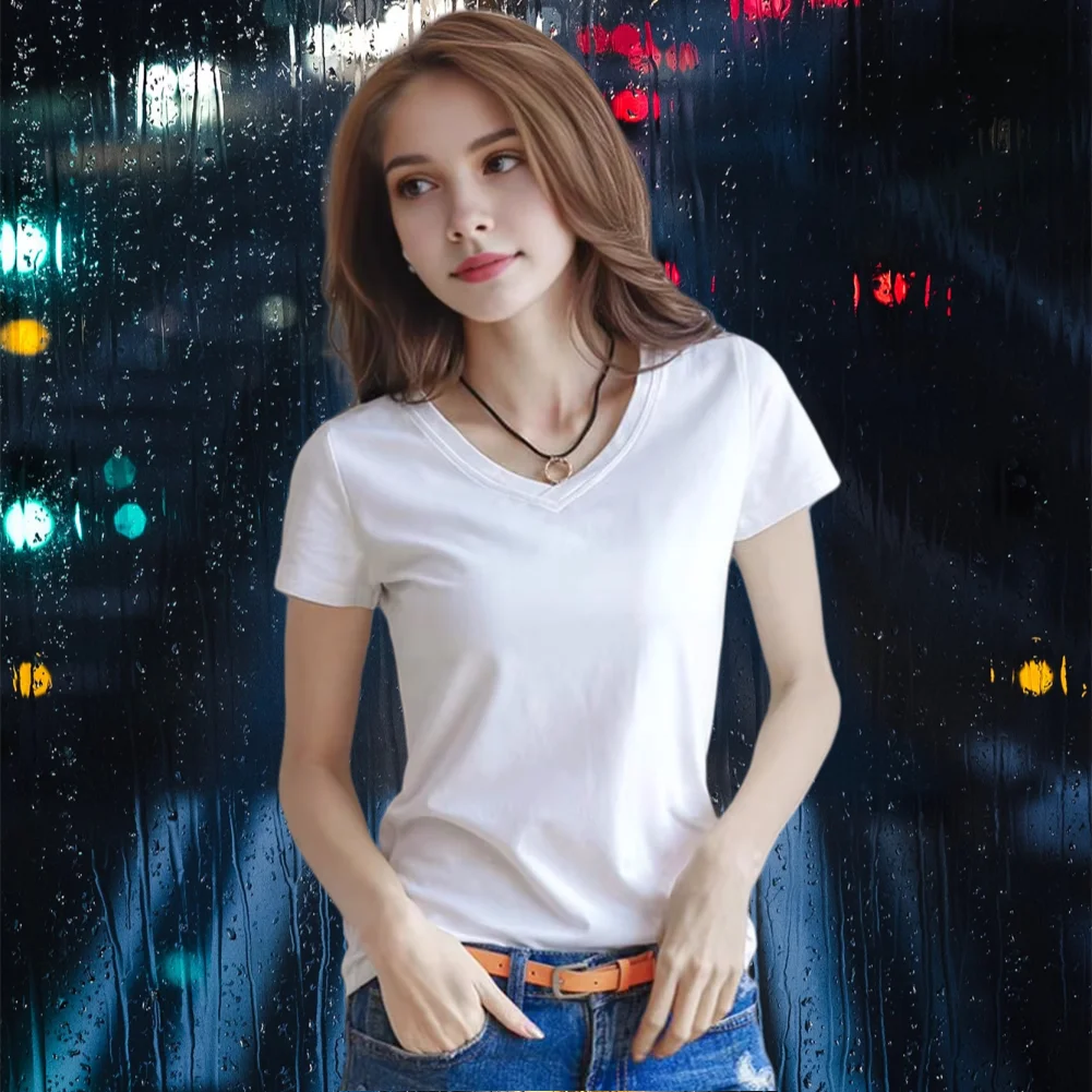 

2025 Women Summer T-shirt V-neck Short Sleeve Slim Fit T-shirt Solid Color Pullover Tops Stretchy Bottoming Shirt Streetwear