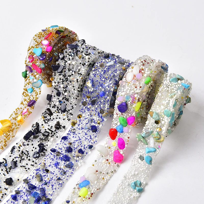1Meter Gravel Decorative Trims Hot Fix Colored Stone Caviar Beads Wrap Ribbon Tape Iron On Fabric Clothes Diy Dress Shoes Bags