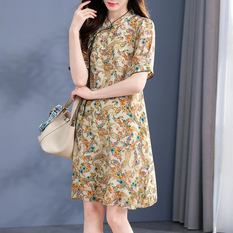AYUNSUE 100% Natural Silk Woman Dress Short Dresses for Woman Chinese Style Ladies Dresses Elegant Woman Clothes Ropa De Mujer