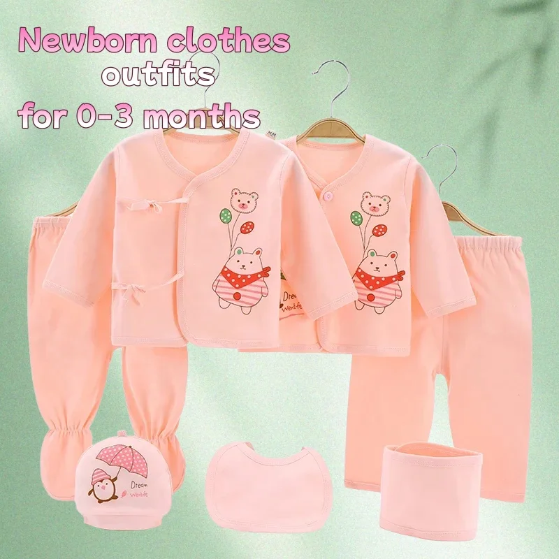 

0-3 Months Old Newborn Solid Color Long Sleeve Round Neck top+pant+hat Baby Girl New Casual Cartoon 7Pcs