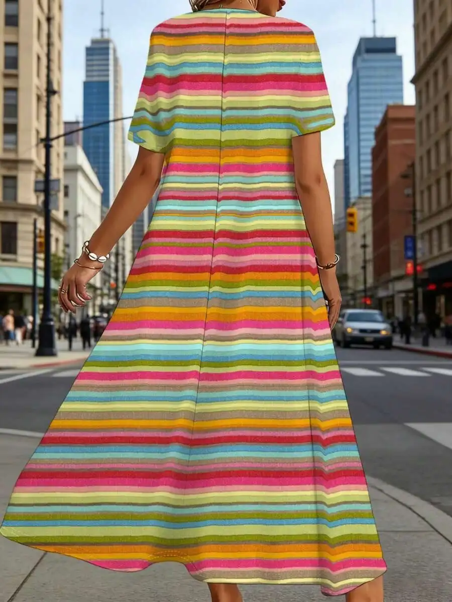 

Multicolor Horizontal Striped V Neck Midi Dress Women Casual Summer Breathable Short Sleeve