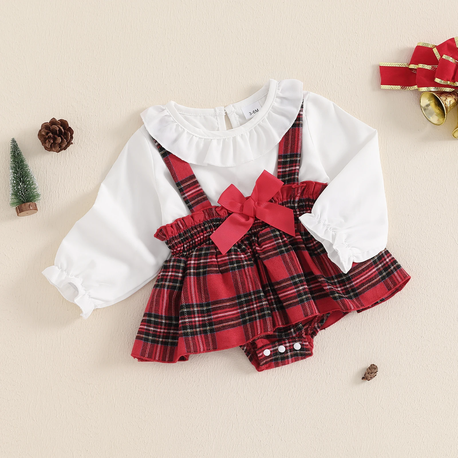 Baby Girl Christmas Bodysuit Long Sleeve Doll Collar Plaid Print Romper Dress Newborn Winter Playsuit