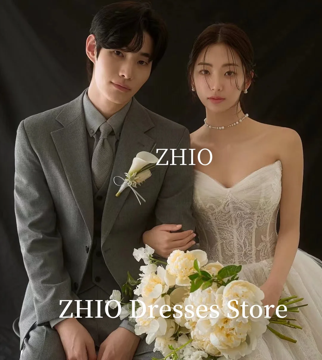 ZHIO Exquisite Applique Wedding Dress Strapless Ivory Tulle Floor Length Korea Photo Shoot Bridal Reception Gown Customized