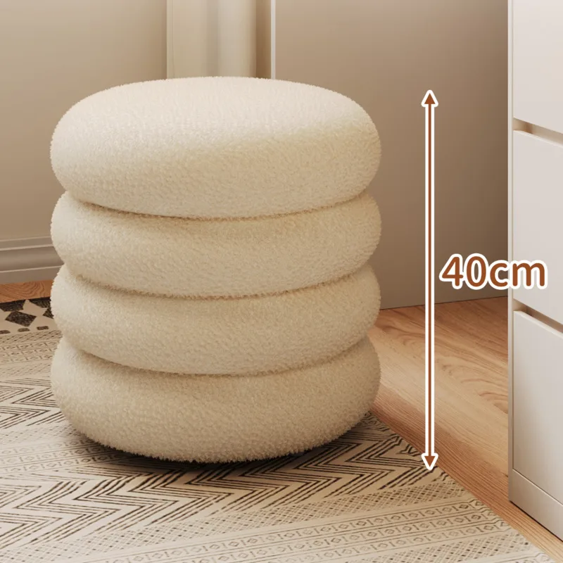 Creamy Household Stool Girls' Makeup Seat Bedroom Vanity Chair Soft Lamb Wool Pouf Minimalist Manicure Round Ottoman