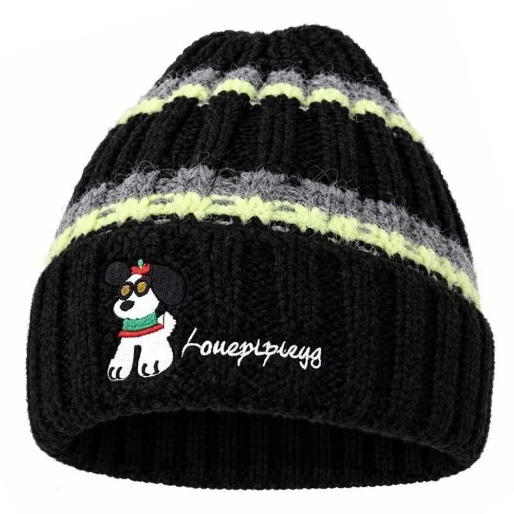 Winter Bonnet Thickened Striped Beanie Fluffy Soft Dog Embroidered Cap Casual Cozy Knitted Hat Students