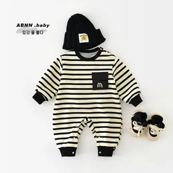 2024 Autumn Winter Baby Boys Fleece Rompers Cotton Plus Velvet Striped Thickened Infant Boys Bodysuit Newborn Boys Jumpsuit