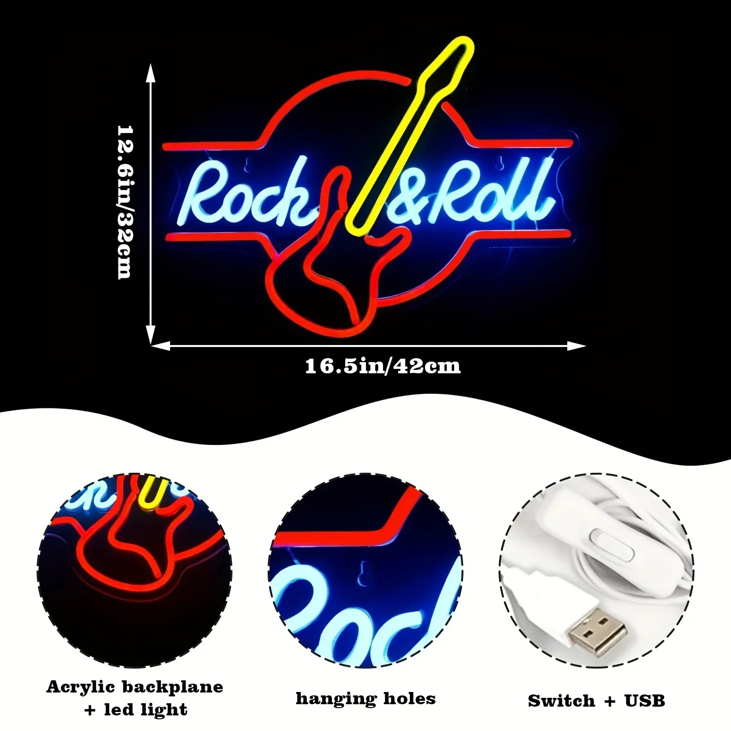 Guitar Rock and Roll Neon Sign,Neon Light Sign,Led Neon Light for Wall Decor,For Music Bar,Live Music Vocal Recital Concert