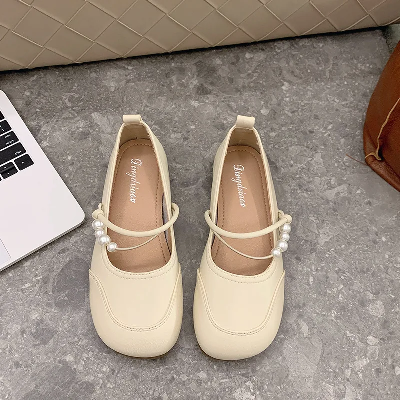 Round Toe Shoes Woman Flats Modis Soft Shallow Mouth Casual Female Sneakers Autumn Pearl Decorateion Dress 2024 New Summer Fall