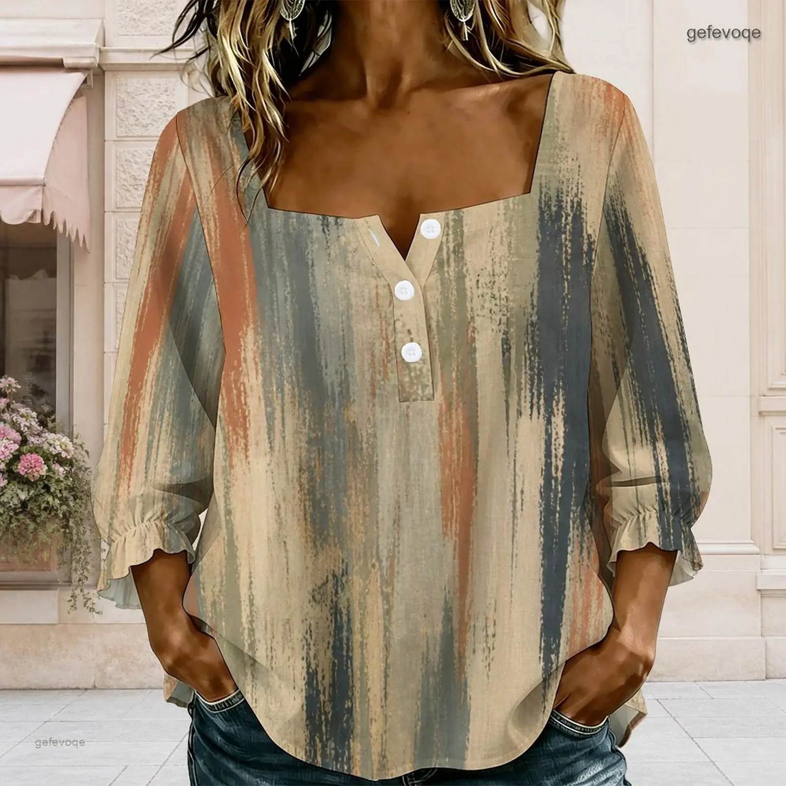 Women Blouse with Print Square Neck Button Detail Long Sleeve Ruffle Cuffs