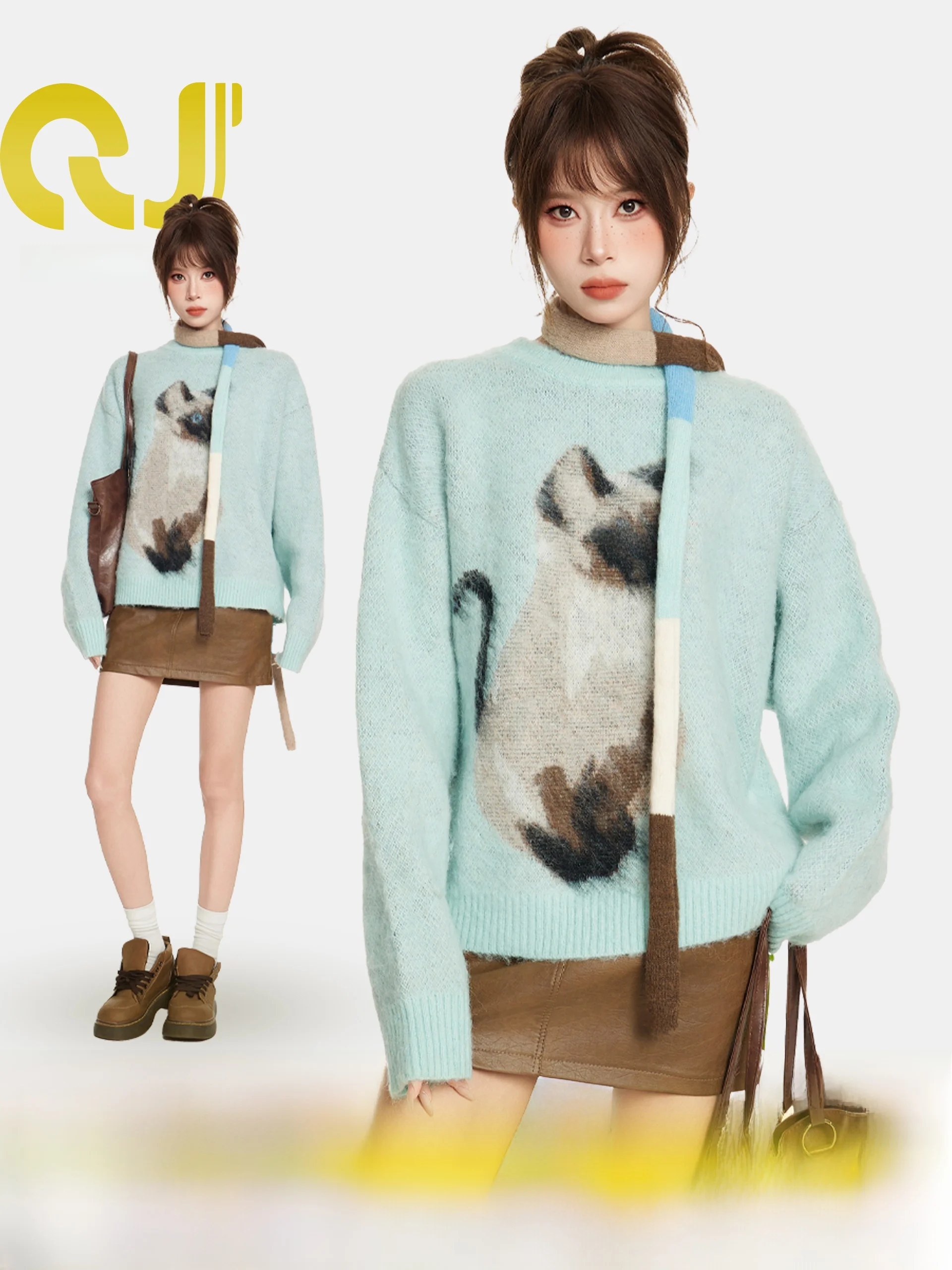 

Свободный женский вязаный свитер, синяя голова, зимняя верхняя одежда, повседневная ленивая одежда, осень-зима, Новое поступление, модные поездки на работу