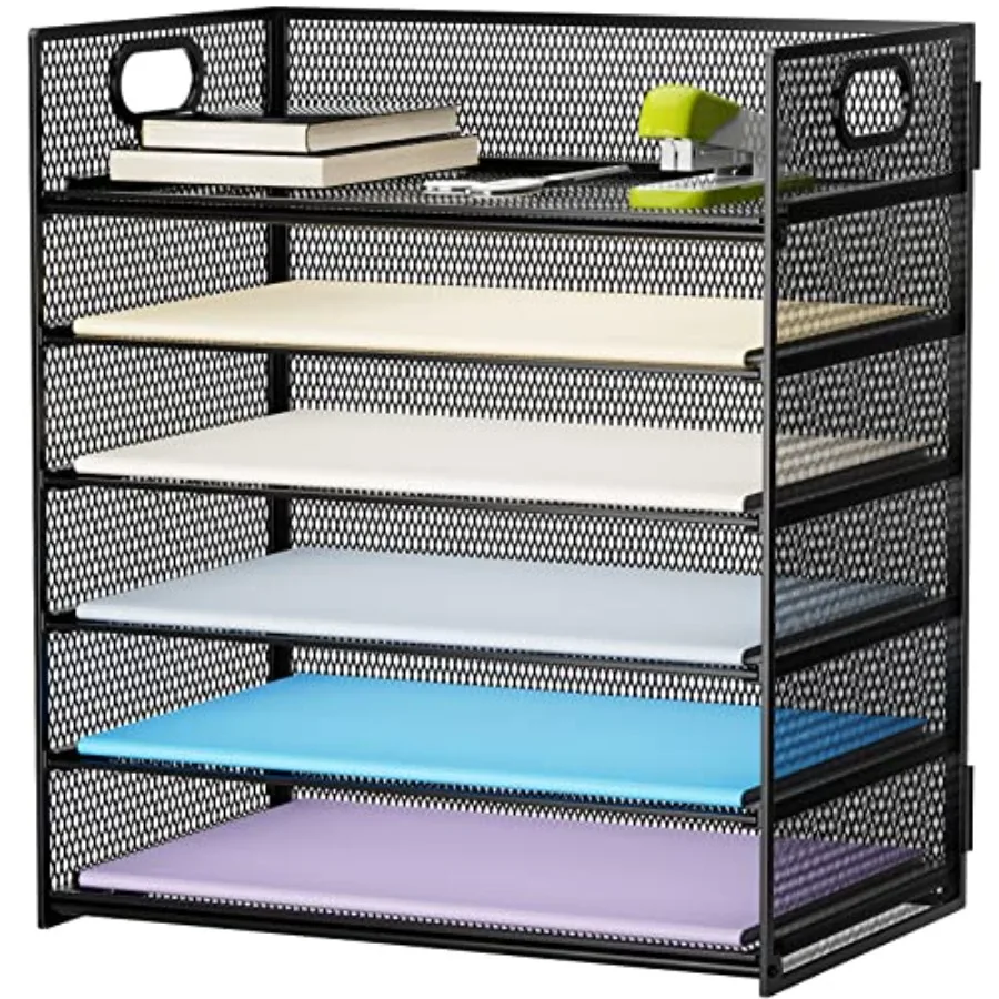 6 Tier Paper Organizer Letter Tray - Mesh Desk File Organizer with Handle, Paper Sorter Organizer for Letter/A4 Office File Fol