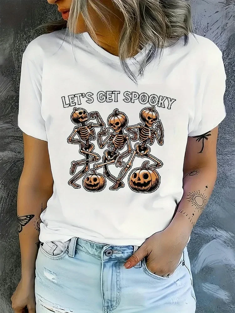 

Halloween Pattern T-Shirt Skull Pumpkin Printed Women's Summer T-shirt Top Short Sleeved Round Neck Casual Women's Clothing
