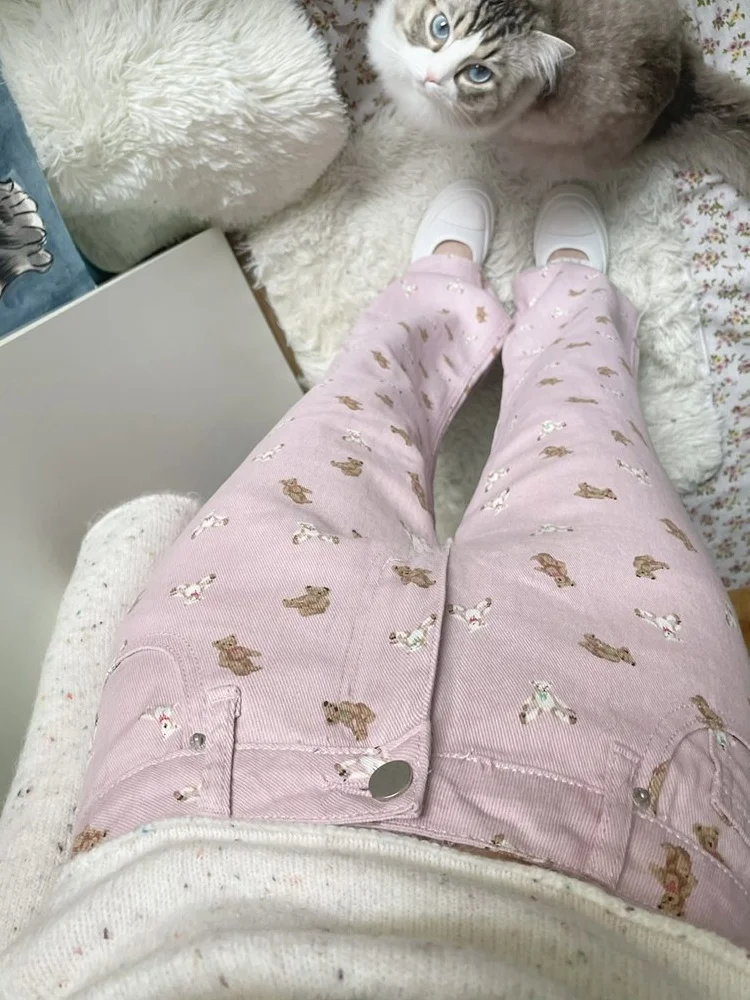 Dopne Girl Pink Bear Print High Waist Wide Leg Jeans Women's Autumn Winter Loose Fit Bootcut Pants Retro Sle Denim