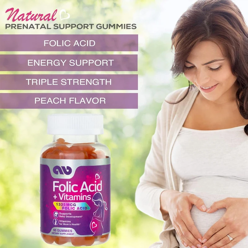 Folic acid prenatal multivitamin gummies, containing folic acid, vitamin C, D3, B6, B9, and B12- non GMO and gluten free