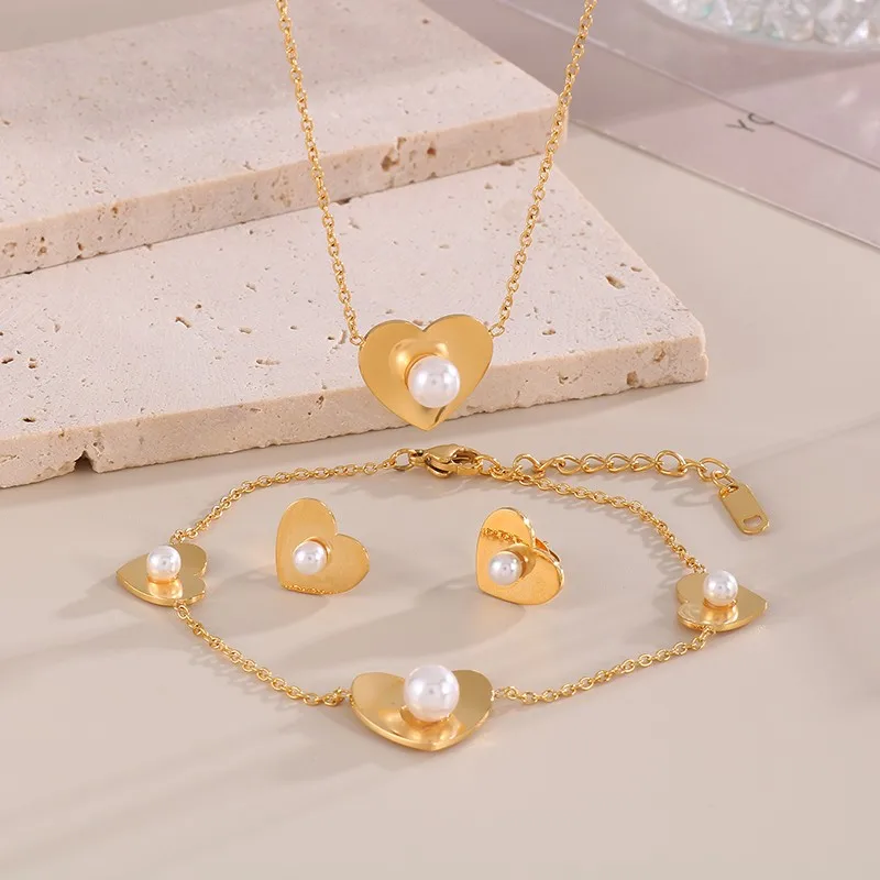 

New Stainless Steel Jewelry Sets For Women Imitation Pearl Heart Pendant Necklace Bracelet Bridal Wedding Stud Earrings Mujer