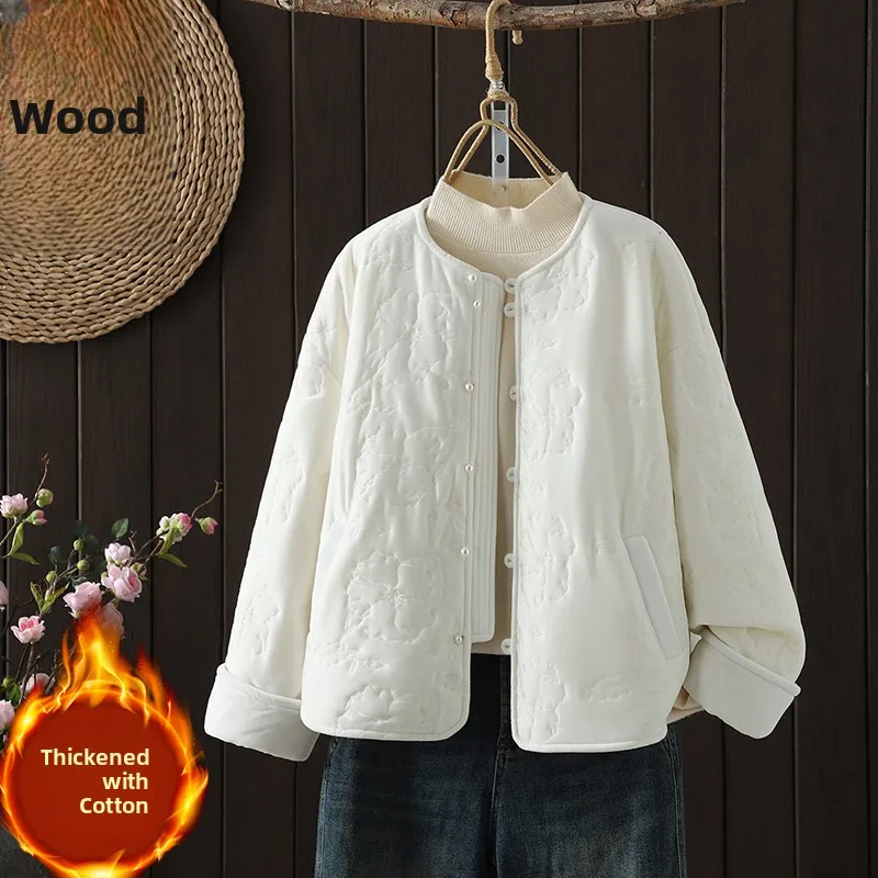 

Ele Embroidered Cotton Jaet Women's round Ne Coat Sli New Chinese National Sle Winter Thiened Cotton Outerwear